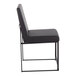 A modern black faux leather high back side chair with a black brushed stainless steel frame.
