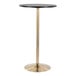 A round black adjustable-height table with a gold metal base.