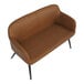 A camel-colored faux leather high back bench with armrests and black steel legs.