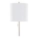 A brushed nickel floor lamp with a white linen drum shade and a pull chain switch.