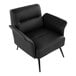 A black faux leather accent chair with a black metal frame and armrests.