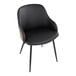 A black faux leather arm chair with walnut wood accents and black metal legs.