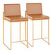 A pair of counter height stools with gold metal frames and camel faux leather seats and backs.