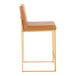 A gold metal counter height stool with a high back and camel faux leather seat and backrest.