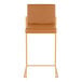 A modern counter height stool with a gold metal frame and camel faux leather back and seat.