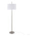 A brushed nickel floor lamp with an off-white linen drum shade.