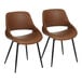 A pair of camel-colored faux leather open back chairs with black metal legs.