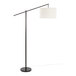 A modern oil bronze metal floor lamp with a natural linen drum shade.
