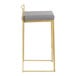 A modern counter height stool with a gold steel frame and a gray faux leather seat.