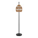 A matte black metal floor lamp with a brown woven rope shade.