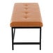 A rectangular bench with camel-colored faux leather upholstery and a black metal frame.