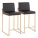 A pair of counter height stools with black faux leather seats and backs, featuring gold steel frames.