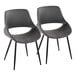 A pair of gray faux leather open back chairs with black metal frames.