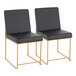 A pair of black faux leather high back side chairs with gold brushed stainless steel frames.