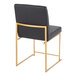 A black faux leather high back side chair with a gold brushed stainless steel frame.