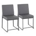 A pair of gray faux leather high back side chairs with black brushed stainless steel frames.