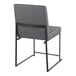 A gray faux leather high back side chair with a black brushed stainless steel frame.