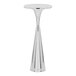 A polished nickel steel side table with a round top and an hourglass-shaped base.