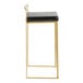 A modern barstool with a gold steel frame and a black faux leather seat.