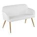 A white faux leather high back bench with armrests and gold steel legs.