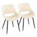 A pair of cream faux leather open back chairs with black metal legs.