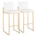 A pair of high back barstools with white faux leather seats and gold steel frames.