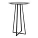 A round black bar height table with a black metal base and a modern design.