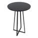 A round black bar height table with a black metal base.