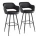 A pair of black metal barstools with black faux leather bucket seats and armrests.