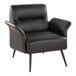A modern accent chair with espresso faux leather upholstery and black metal legs.