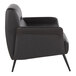 A modern accent chair with espresso faux leather upholstery and black metal legs.