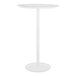 A round white adjustable-height table with a slim central metal base and a flat circular top.