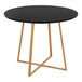 A round black dining table with a natural wood grain base.
