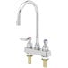 A chrome T&S deck-mount workboard faucet with a gooseneck spout and lever handles.