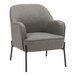 A gray faux leather accent chair with a black metal frame.