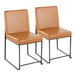 A pair of high back side chairs with camel faux leather upholstery and black metal frames.