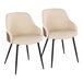 A pair of cream faux leather arm chairs with walnut wood accents and black metal legs.