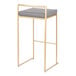 A modern barstool with a gold steel frame and a gray faux leather seat.