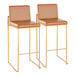 A pair of high back barstools with gold metal frames and camel faux leather seats and backs.
