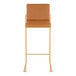 A high back barstool with a gold metal frame and camel faux leather back and seat.
