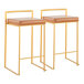 A pair of gold steel counter height stools with low backs and camel faux leather seats.