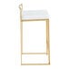 A modern counter height stool with a gold steel frame and a white faux leather seat.