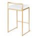 A gold steel counter height stool with a low back and a white faux leather seat.