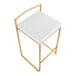 A modern counter height stool with a gold steel frame and a white faux leather seat.