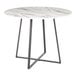A round dining table with a white marble top and a black metal base.