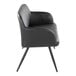 A black faux leather high back bench with armrests and a black steel frame.