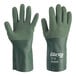 A pair of green nitrile gloves with a polyester and cotton lining, featuring a textured grip and extended cuffs.