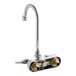 A T&S chrome wall mount faucet with a gooseneck spout and tailpieces.