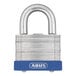 A laminated steel padlock with a blue base and the ABUS logo on the front.