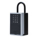 A smart key storage lockbox with a keypad and shackle.